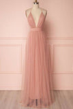 Pink Low V-neck Tulle A-line Evening Dress With Spaghetti Straps