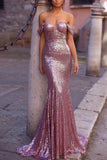 Pink Mermaid Off The Shoulder Sequined Sweetheart Prom Dress