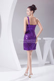 Purple One Shoulder Sequin Beaded Mini Prom Dress