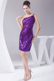 Purple One Shoulder Sequin Beaded Mini Prom Dress