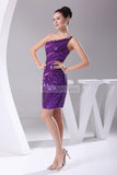 Purple One Shoulder Sequin Beaded Mini Prom Dress