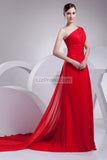 Red A-line One Shoulder Ruffle Prom Evening Dress