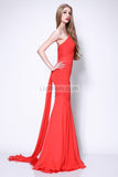 Red Long One Shoulder Ruffled Prom Dress