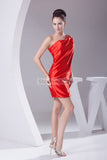 Red One Shoulder Beaded Satin Short Prom Homecoming Dress