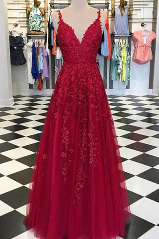 Robe de bal de soirée en tulle rouge avec appliques fantaisie et col en V