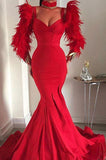 Robe de bal de luxe en plumes de luxe rouge à bretelles et col en V longue sirène