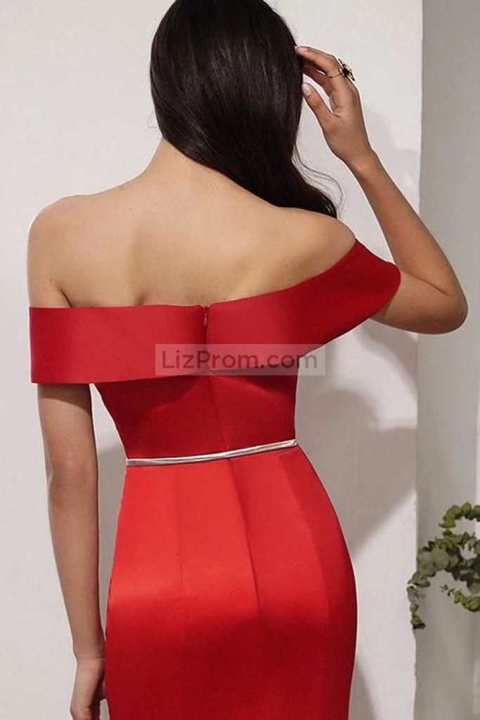Red Off-The-Shoulder Belt Mermaid Evening Prom Dress Dresses
