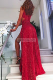 Red Sequined Cut Out Thigh-High Slit Prom Dress Dresses