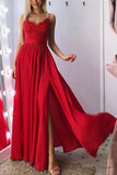 Red Spaghetti Straps V-Neck Sleeveless Rhinestone Lace Slit Prom Dress Dresses