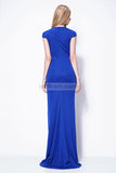 Royal Blue Cap Sleeves Beaded Column Formal Prom Dress