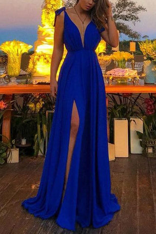 Royal Blue Plunge High Split Evening Gown Formal Dresses