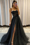 Sexy Black Tulle Thigh-high Slit Evening Dress