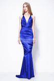 Sexy Royal Blue Mermaid Deep V-neck Open Back Prom Dress