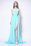 Sexy Sky Blue Halter Deep V-neck Evening Formal Dress