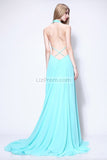 Sexy Sky Blue Halter Deep V-neck Evening Formal Dress