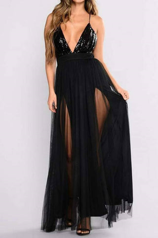 Sexy Black Sequined Spaghetti Straps Deep V-neck Slit Evening Prom Dress