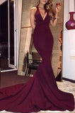 Backless Sexy Burgundy Low V-neck Evening Mermaid Formal Dress.