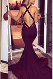 Backless Sexy Burgundy Low V-neck Evening Mermaid Formal Dress.