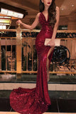 Sexy Burgundy Sleeveless Cowl Slit Sequined Mermaid Long Prom Dress Dresses