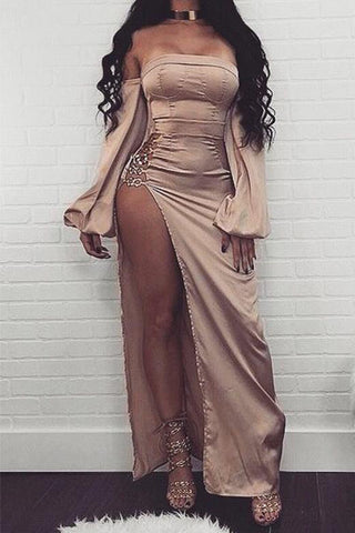 Sexy Champagne Off The Shoulder Slit Long Sleeves Prom Dress