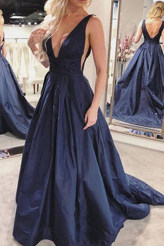 Sexy Dark Navy A-Line Ruffled Deep V-neck Prom Dress