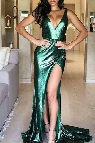 Robe de bal longue sexy verte fendue sur le devant et décolleté en V profond