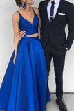 Elegant Royal Blue Two-Piece A-Line Prom Dress Formal Evening Gown.