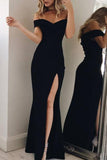 Black Mermaid Side Split Sexy Off-the-Shoulder Evening Prom Dress.