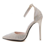 Silver Drilled Toe Stiletto Heels With Ankle Strap