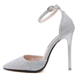 Silver Drilled Toe Stiletto Heels With Ankle Strap