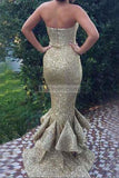 Sexy Strapless Mermaid Gold Sequined Evening Dress With Ruffles Dresses