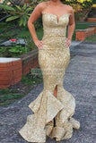 Sexy Strapless Mermaid Gold Sequined Evening Dress With Ruffles Dresses