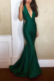 Robe de soirée sirène sexy vert foncé licou à col en V profond