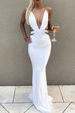 Sexy White Deep V-neck Mermaid Cut Out Spaghetti Straps Prom Dress