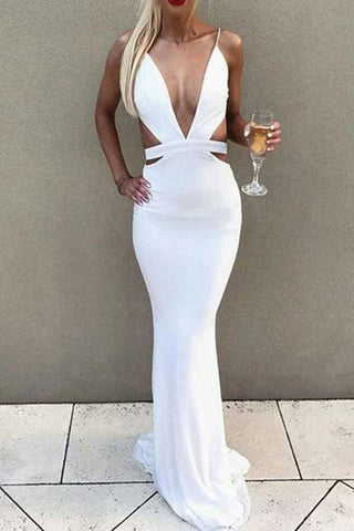 Sexy White Deep V-neck Mermaid Cut Out Spaghetti Straps Prom Dress