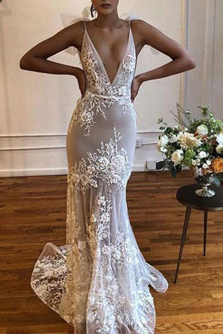 Robe de mariée sirène blanche sexy, décolleté en V profond, bretelles spaghetti, appliques