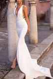 Sexy White Mermaid Deep V-Neck Slit Open Back Prom Dress Dresses