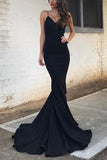 Simple Black Mermaid Spaghetti Straps V-neck Prom Dress