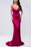 Simple Purple Criss-Cross Strap Halter V-neck Slit Long Prom Dress