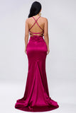 Simple Purple Criss-Cross Strap Halter V-neck Slit Long Prom Dress