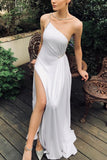 Simple White Rhinestone Slit One Shoulder Halter Prom Dress Dresses