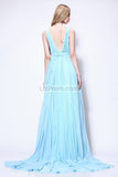 Sky Blue A-line Deep V-neck Pleated Prom Dress