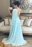 Sky Blue One Shoulder Train A-line Prom Evening Dress