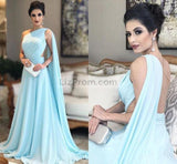 Sky Blue One Shoulder Train A-line Prom Evening Dress