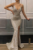 Silver Spaghetti Straps V-neck Mermaid High Slit Sequined Evening Dresses.