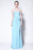 Strapless Light Sky Blue Ruffle Slit Bridesmaid Prom Dress