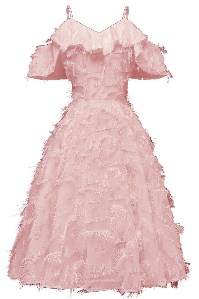 Rosa Vintage-Heimkehrkleid mit Rüschenbesatz und Quasten