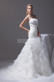 Elegant White Strapless Ruffled Wedding Gown Long Wedding Dress