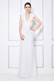 White Column Deep V-neck Formal Prom Dress