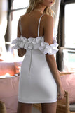 White Off-the-shoulder Ruffled Spaghetti Strap Bandage Dress